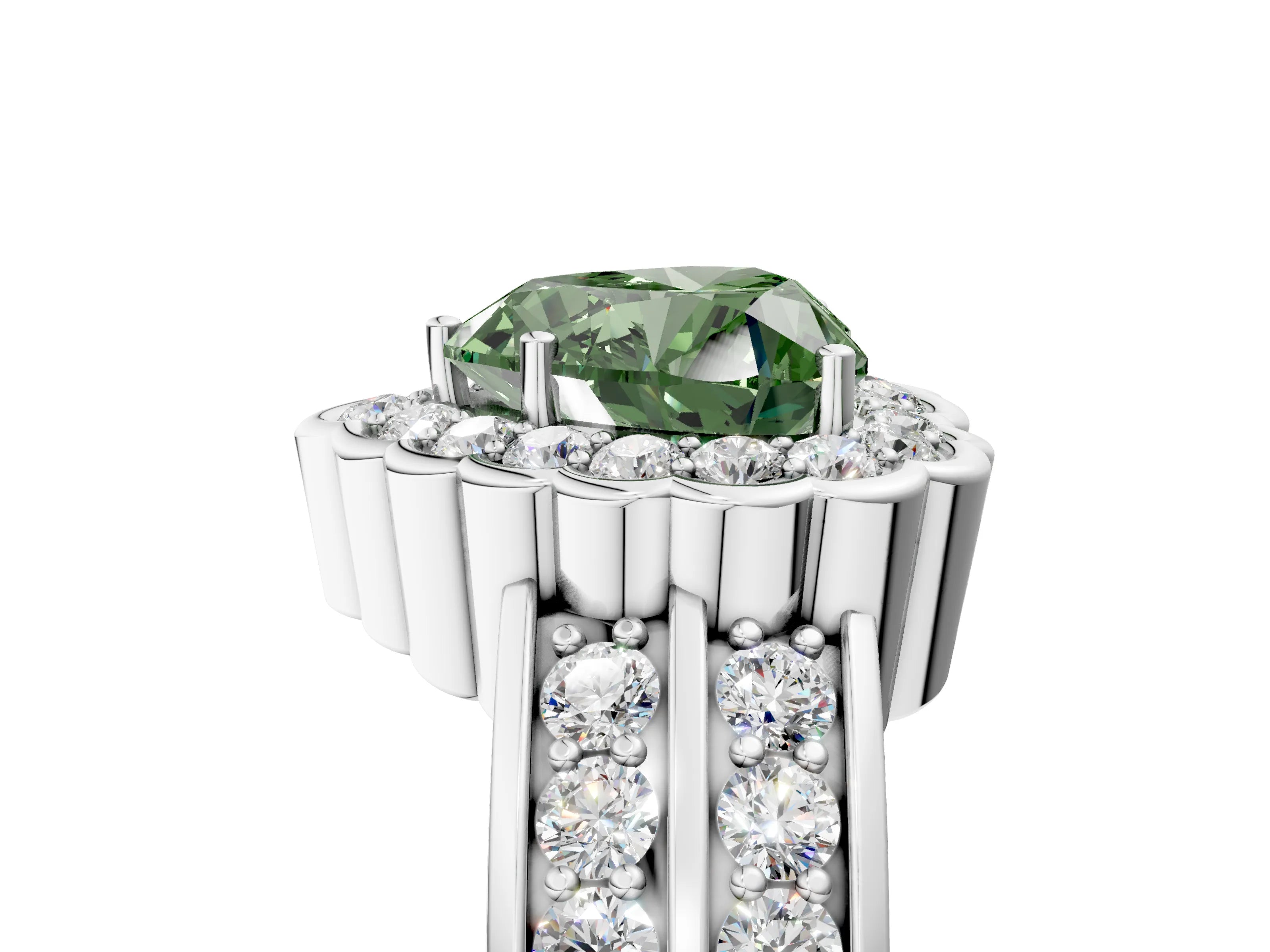 White gold Fancy Green Heart Cut Halo Diamond Split Shank Ring with Scalloped Prong Setting_17