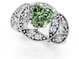 White gold Fancy Green Heart Cut Halo Milgrain Diamond Engagement Ring with Leaf Band and Four-Prong Setting_1