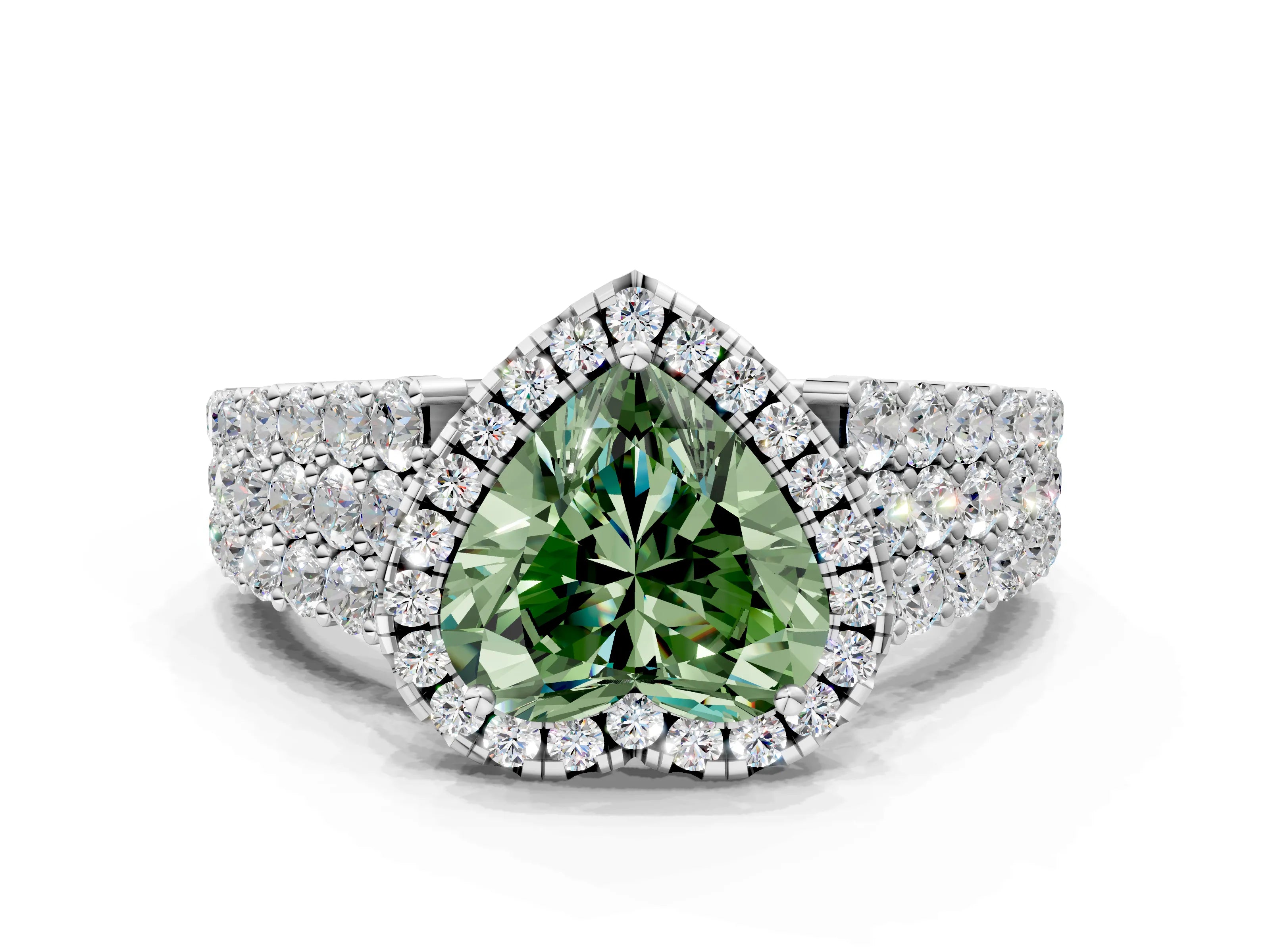 White gold Fancy Green Heart Cut Halo Pavé Diamond Engagement Ring with Split Shank and Four-Prong Setting_3