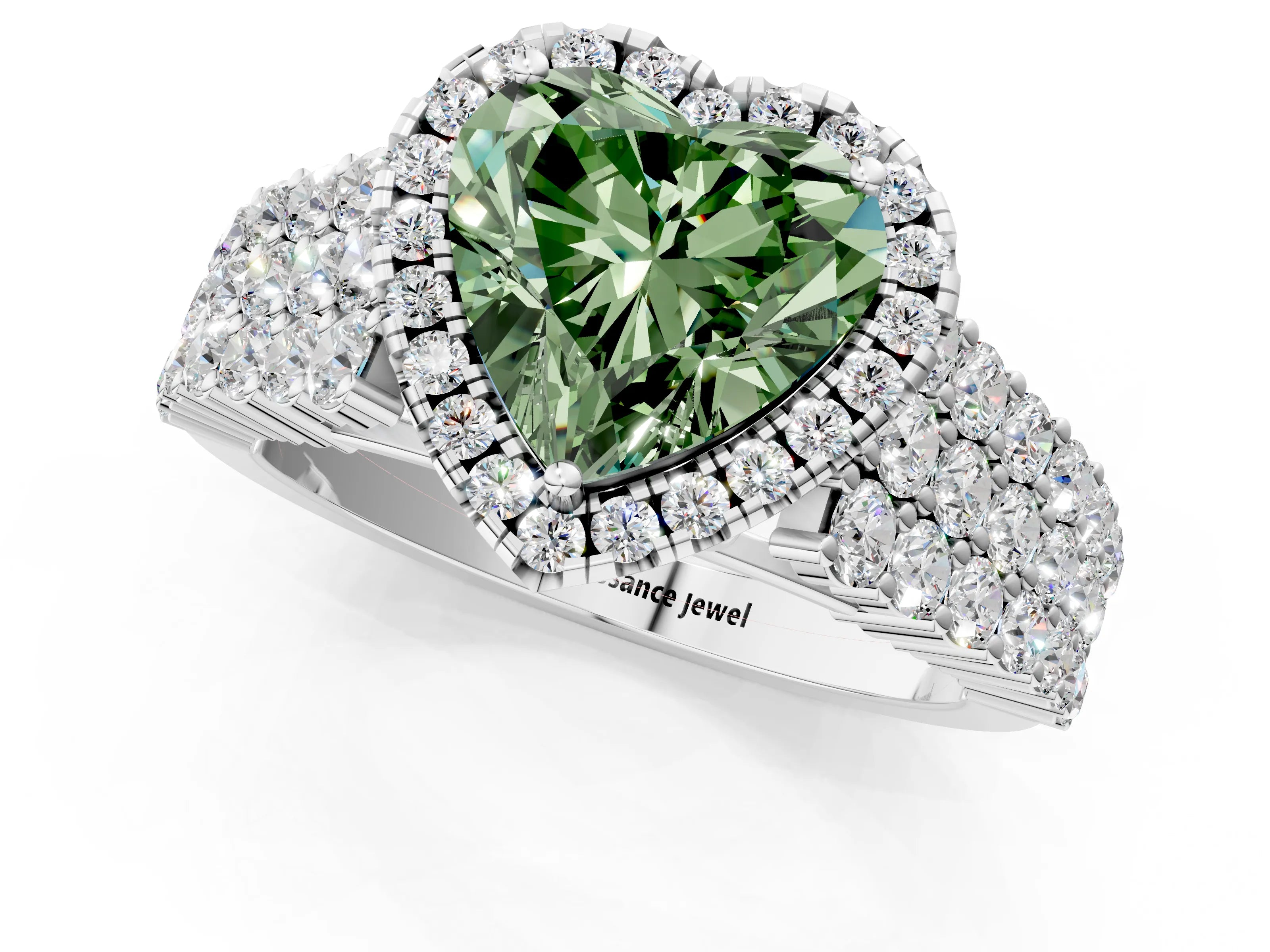 White gold Fancy Green Heart Cut Halo Pavé Diamond Engagement Ring with Split Shank and Four-Prong Setting_4
