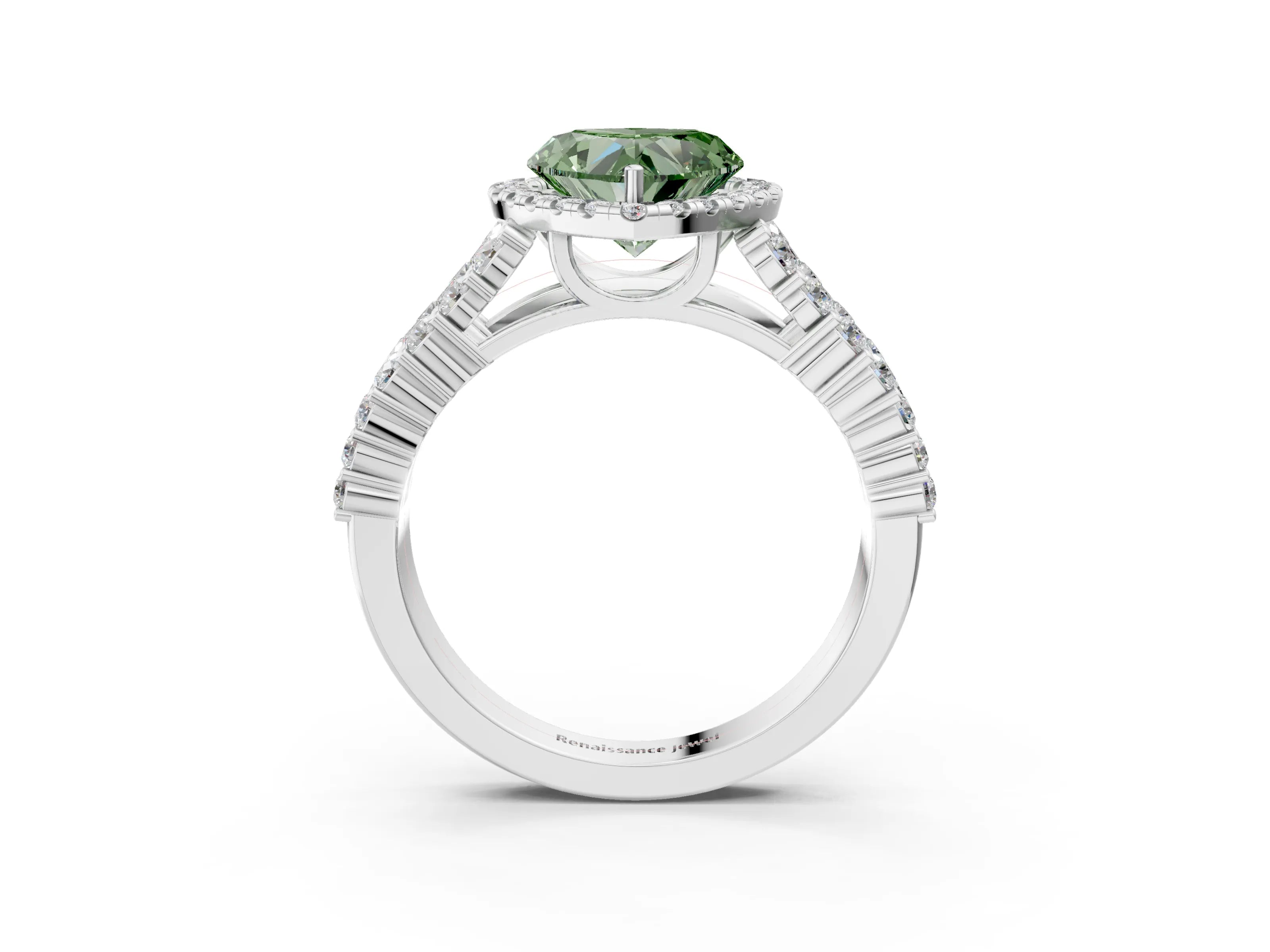 White gold Fancy Green Heart Cut Halo Pavé Diamond Engagement Ring with Split Shank and Four-Prong Setting_6