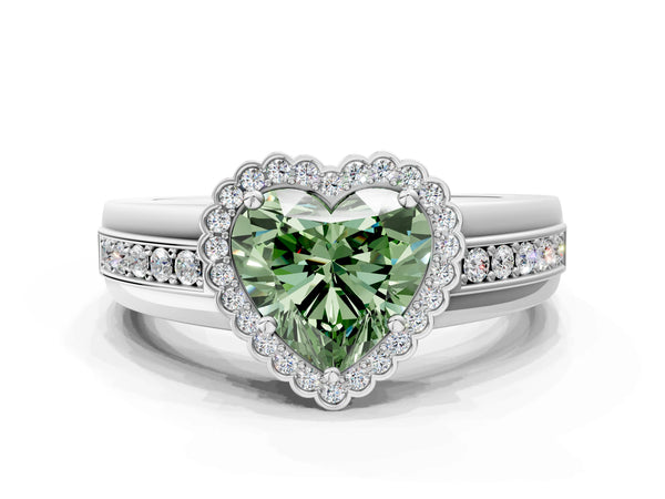 Platinum Fancy Green Heart  Cut Halo Pave Band Four-Prong Ring