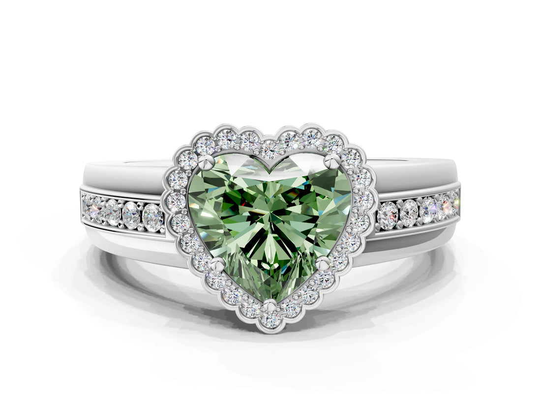 White gold Fancy Green Heart  Cut Halo Pave Band Four-Prong Ring_29