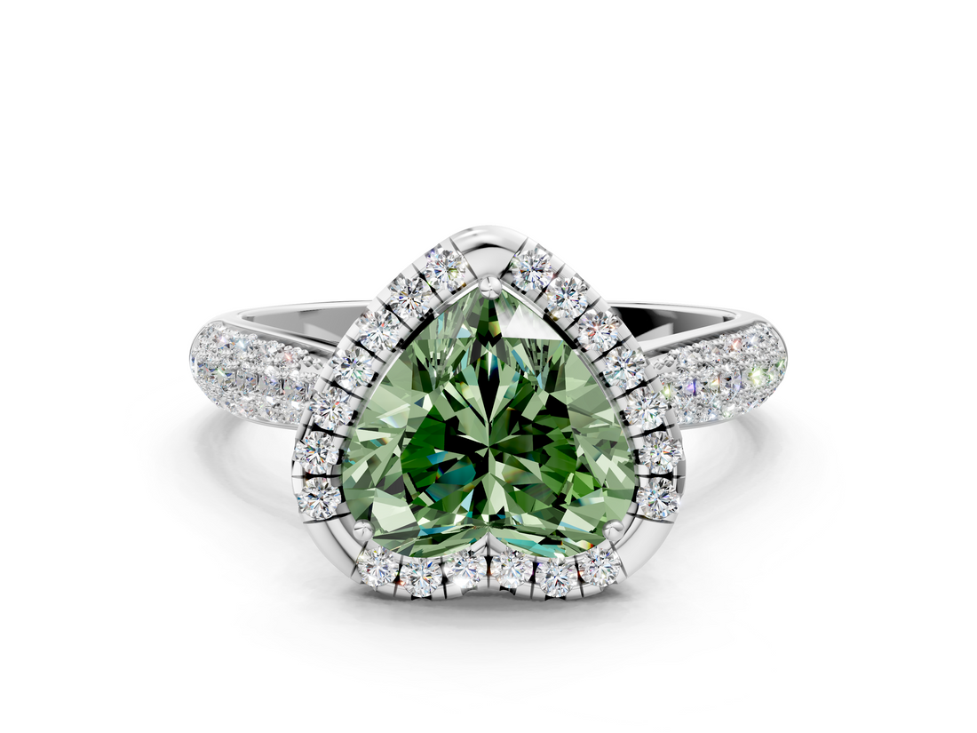 White gold Fancy Green Heart  Cut Halo Pave Band Four-Prong Setting Ring