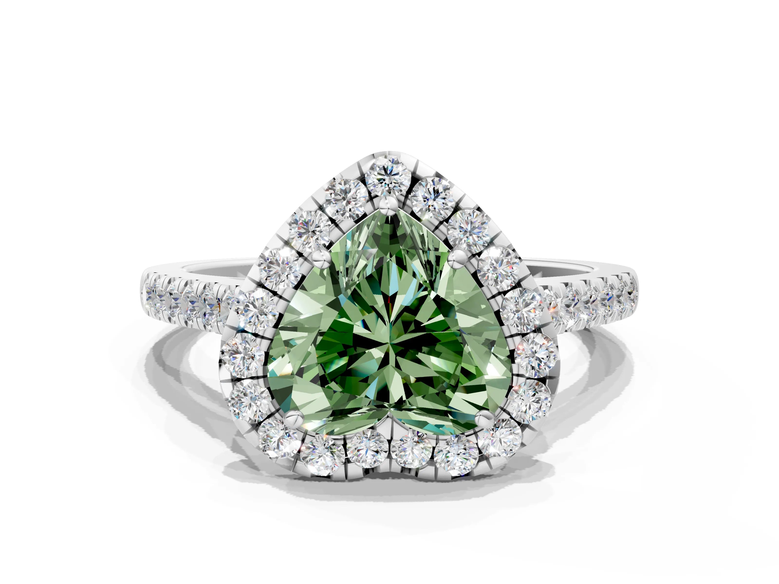 White gold Fancy Green Heart Cut Halo Pave Diamond Engagement Ring with Four-Prong Setting