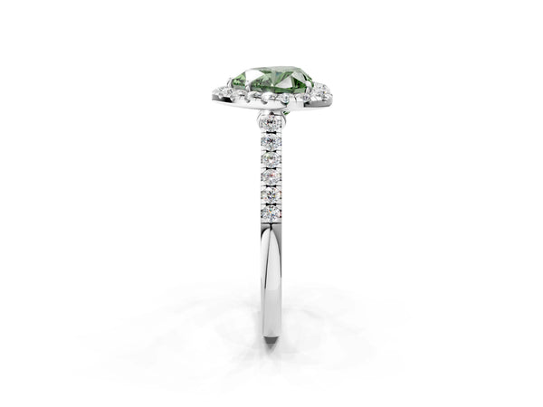 White gold Fancy Green Heart Cut Halo Pave Diamond Engagement Ring with Four-Prong Setting