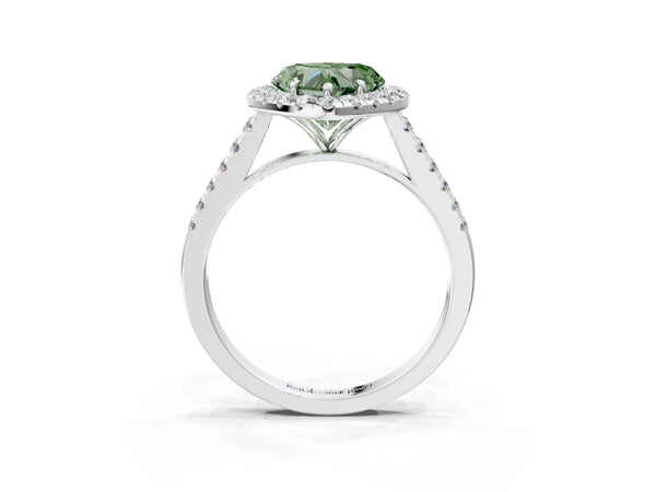 White gold Fancy Green Heart Cut Halo Pave Diamond Engagement Ring with Four-Prong Setting