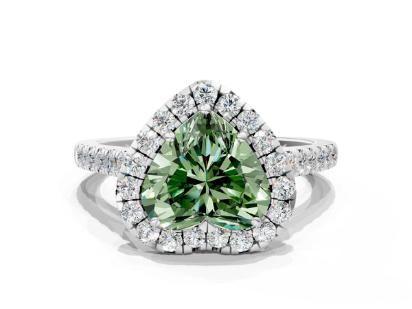 White gold Fancy Green Heart Cut Halo Pave Diamond Engagement Ring with Four-Prong Setting