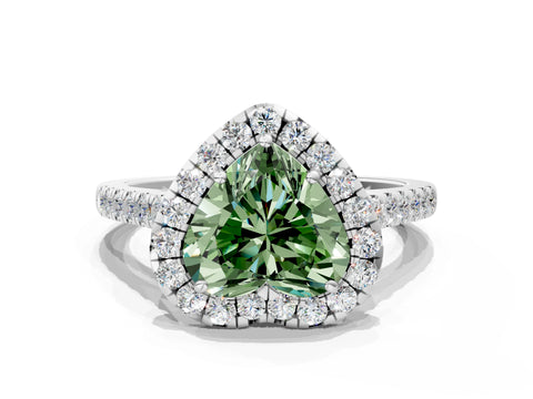 White gold Fancy Green Heart Cut Halo Pave Diamond Engagement Ring with Four-Prong Setting