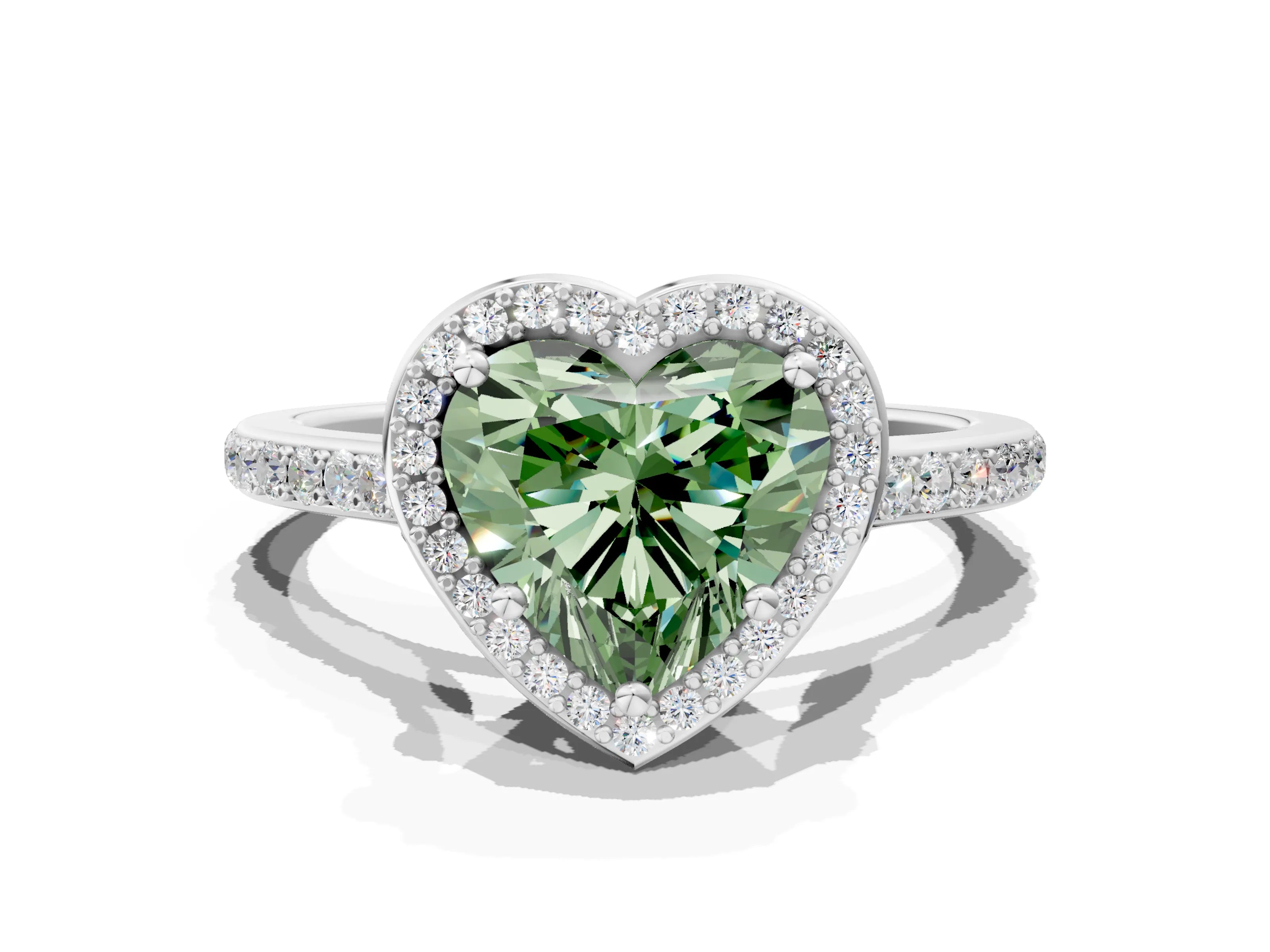 White gold Fancy Green Heart Cut Halo Round Diamond Pavé Band with Four-Prong Setting_15