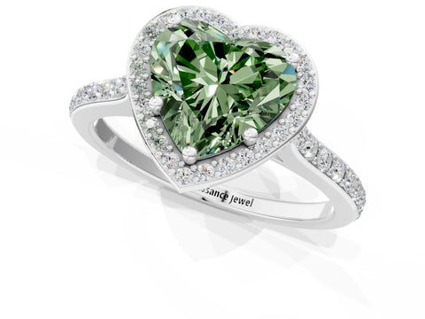White gold Fancy Green Heart Cut Halo Round Diamond Pavé Band with Four-Prong Setting_16