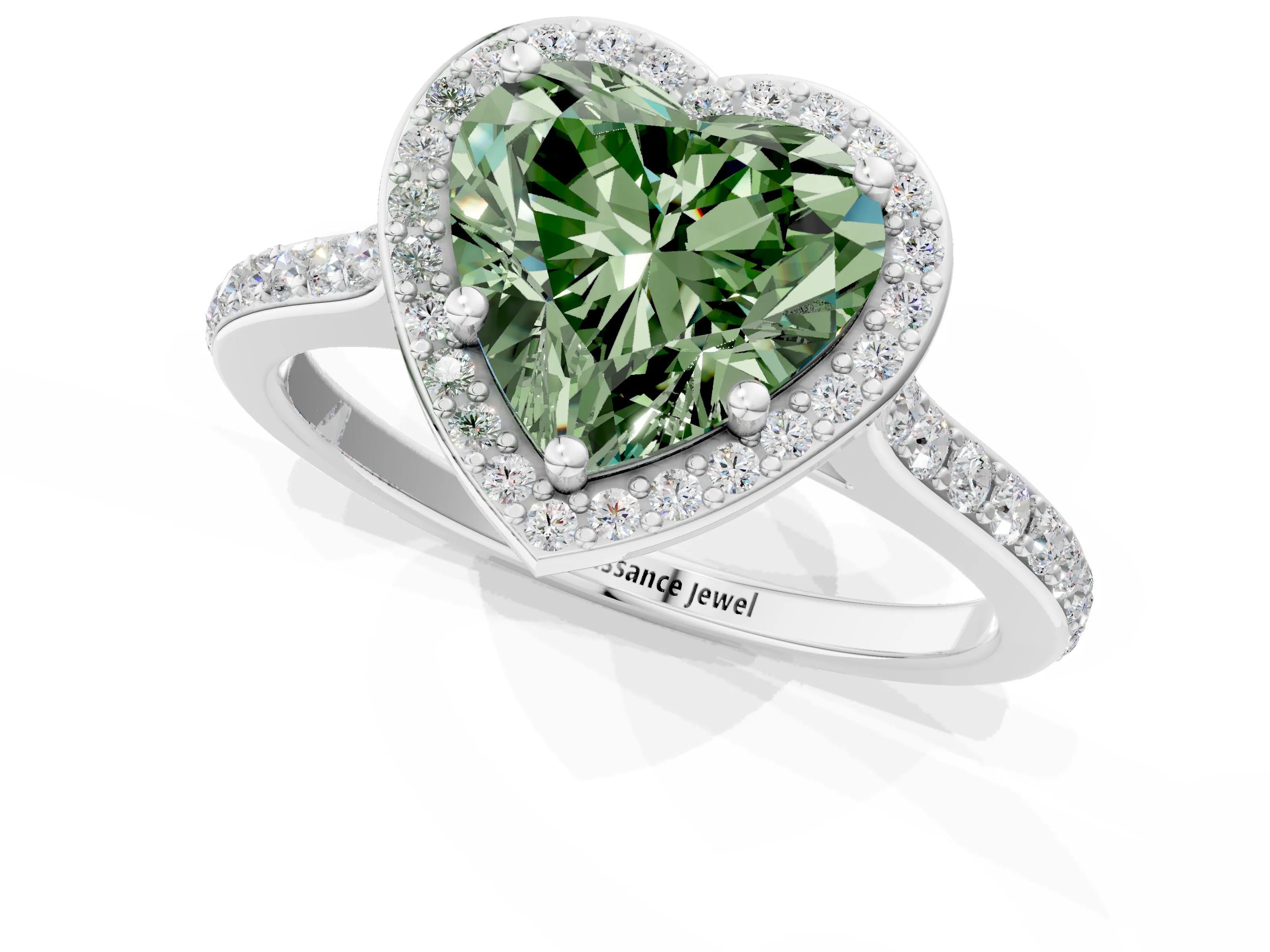 White gold Fancy Green Heart Cut Halo Round Diamond Pavé Band with Four-Prong Setting_16