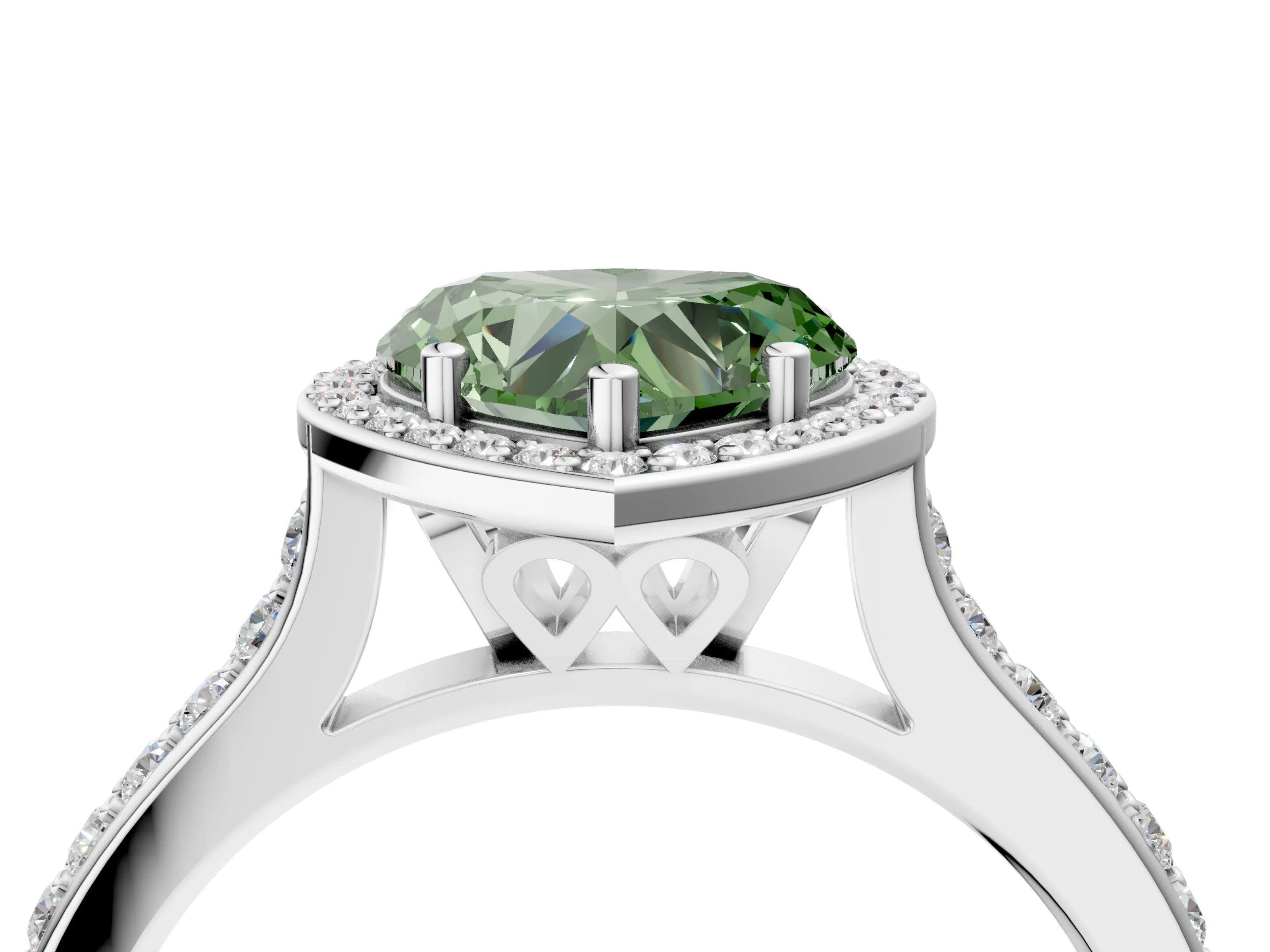 White gold Fancy Green Heart Cut Halo Round Diamond Pavé Band with Four-Prong Setting_19