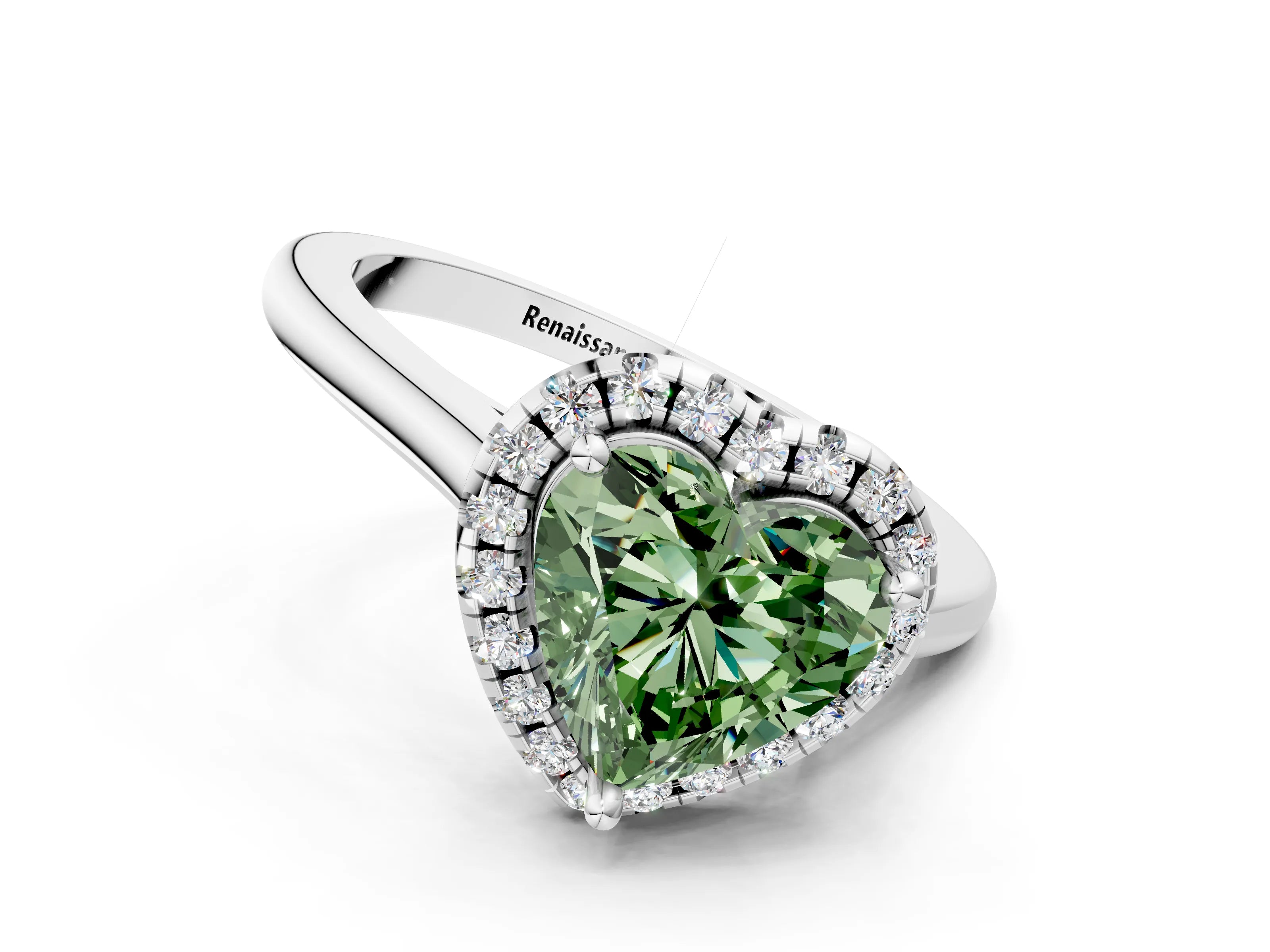 White gold Fancy Green Heart Cut Halo Round Diamond Solitaire Engagement Ring with Pave Band and Four-Prong Setting_24