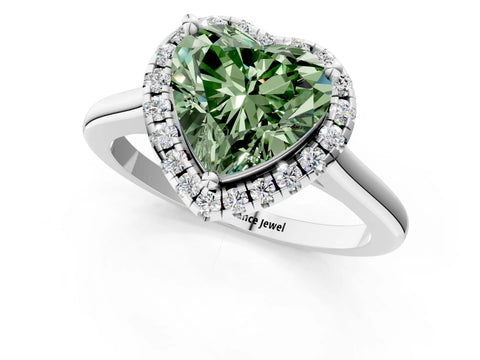 White gold Fancy Green Heart Cut Halo Round Diamond Solitaire Engagement Ring with Pave Band and Four-Prong Setting_25