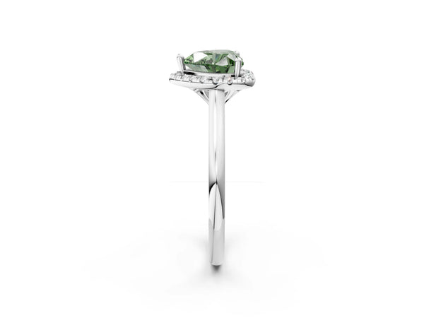 Platinum Fancy Green Heart Cut Halo Round Diamond Solitaire Engagement Ring with Pave Band and Four-Prong Setting