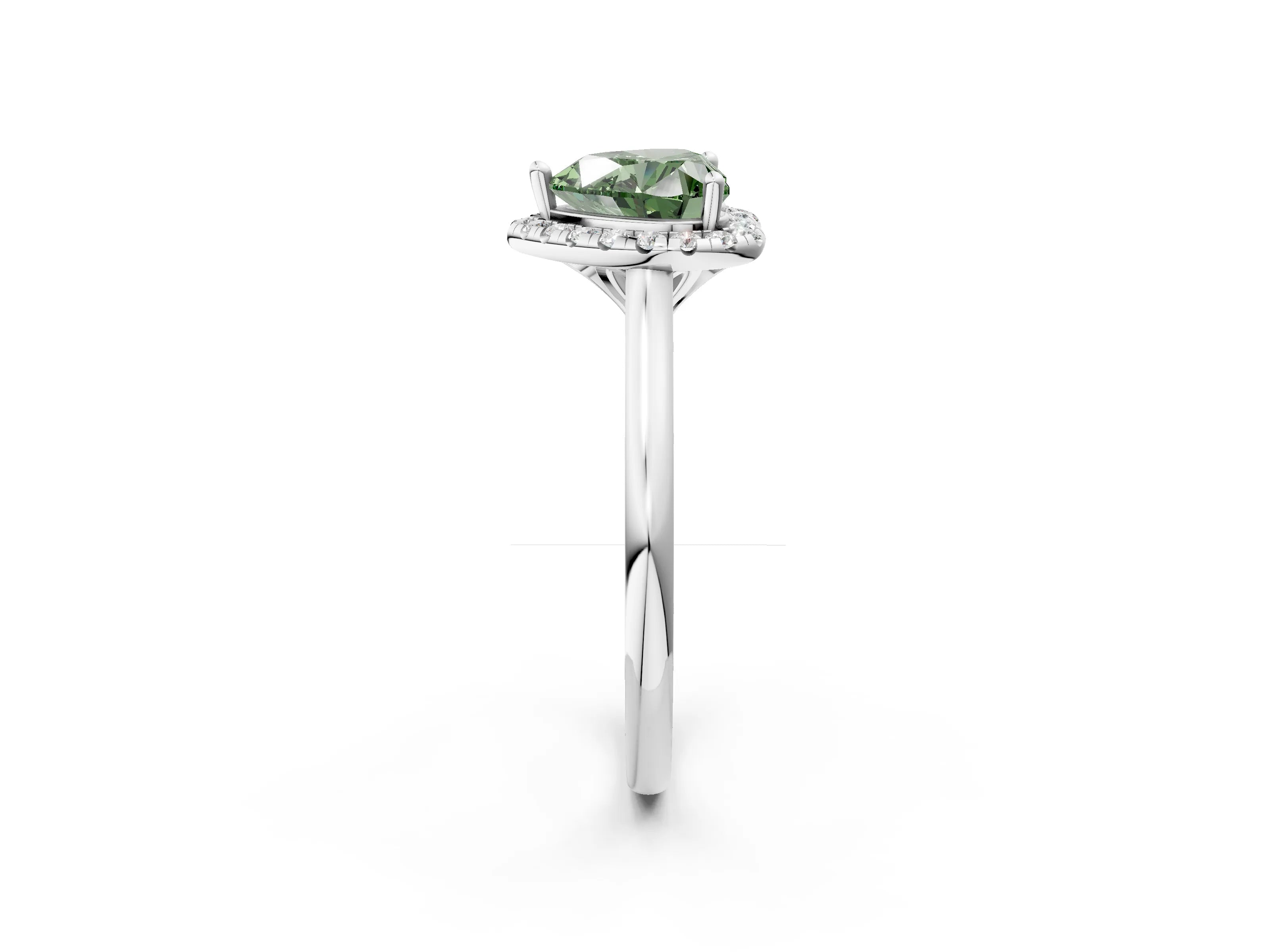 White gold Fancy Green Heart Cut Halo Round Diamond Solitaire Engagement Ring with Pave Band and Four-Prong Setting_26