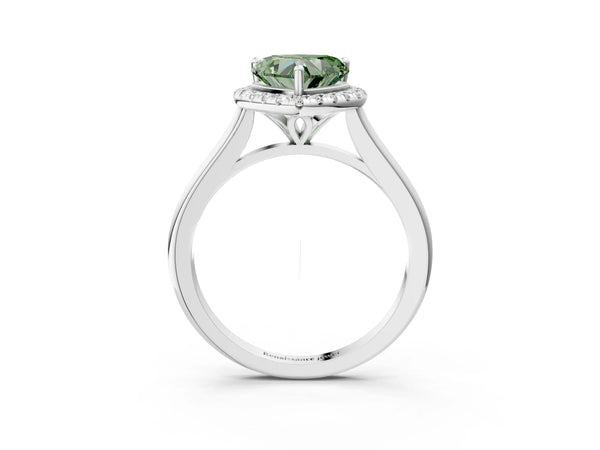 Platinum Fancy Green Heart Cut Halo Round Diamond Solitaire Engagement Ring with Pave Band and Four-Prong Setting