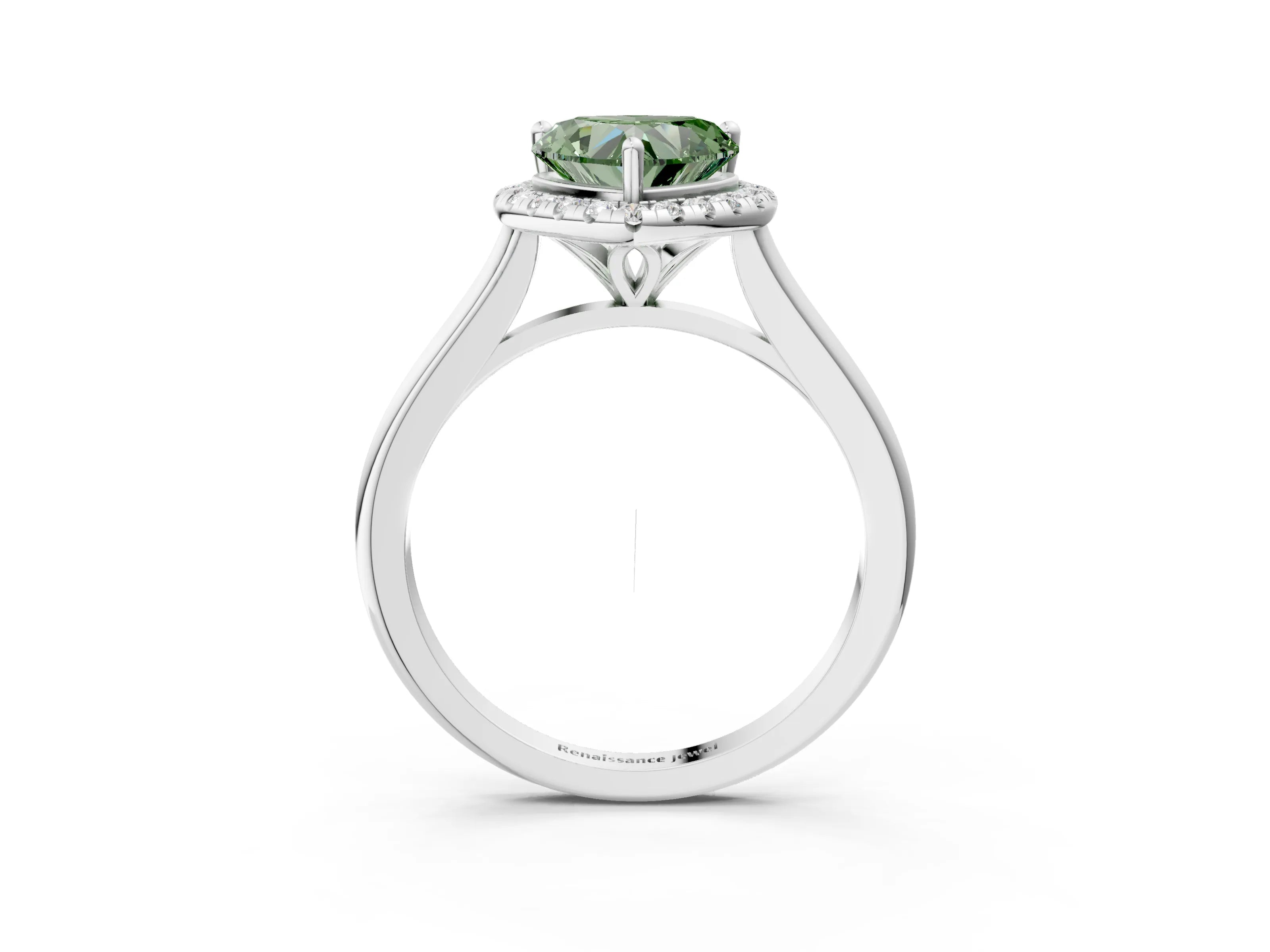 White gold Fancy Green Heart Cut Halo Round Diamond Solitaire Engagement Ring with Pave Band and Four-Prong Setting_27