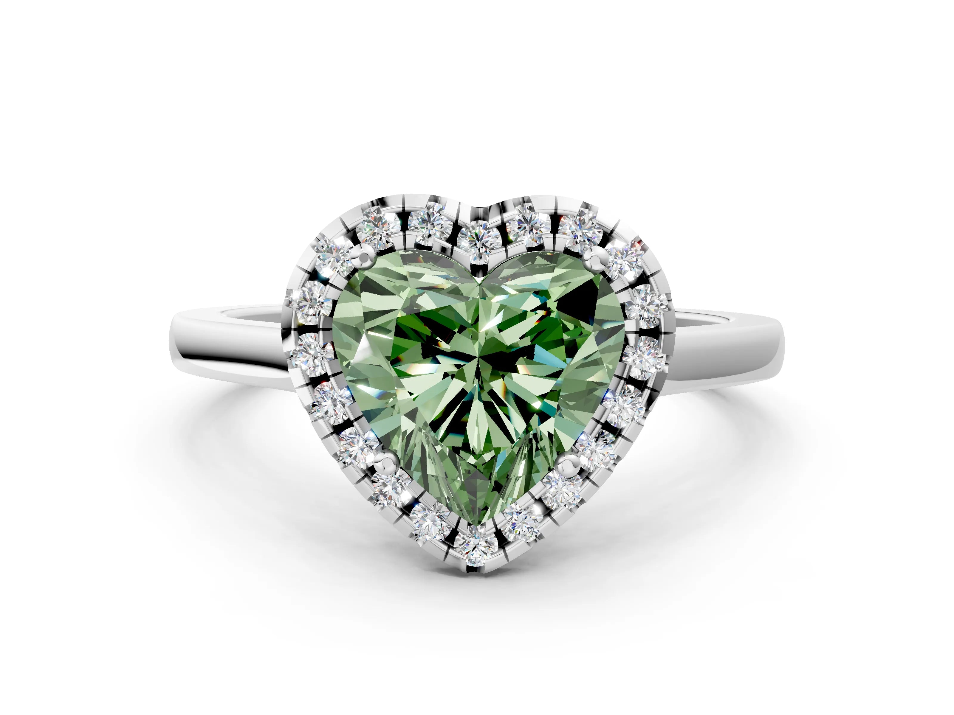 White gold Fancy Green Heart Cut Halo Round Diamond Solitaire Ring with Pavé Band and Four-Prong Setting_12