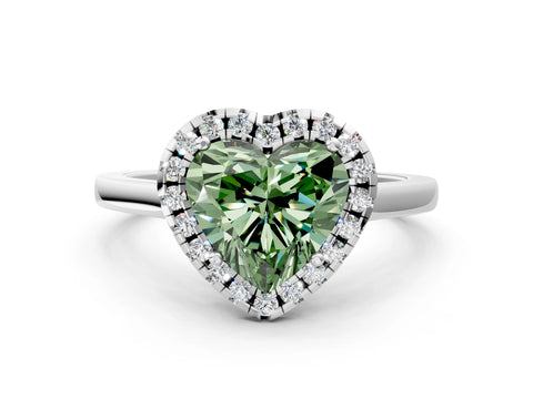White gold Fancy Green Heart Cut Halo Round Diamond Solitaire Ring with Pavé Band and Four-Prong Setting_12