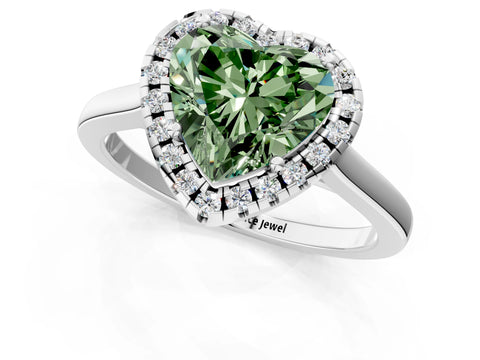 White gold Fancy Green Heart Cut Halo Round Diamond Solitaire Ring with Pavé Band and Four-Prong Setting_13