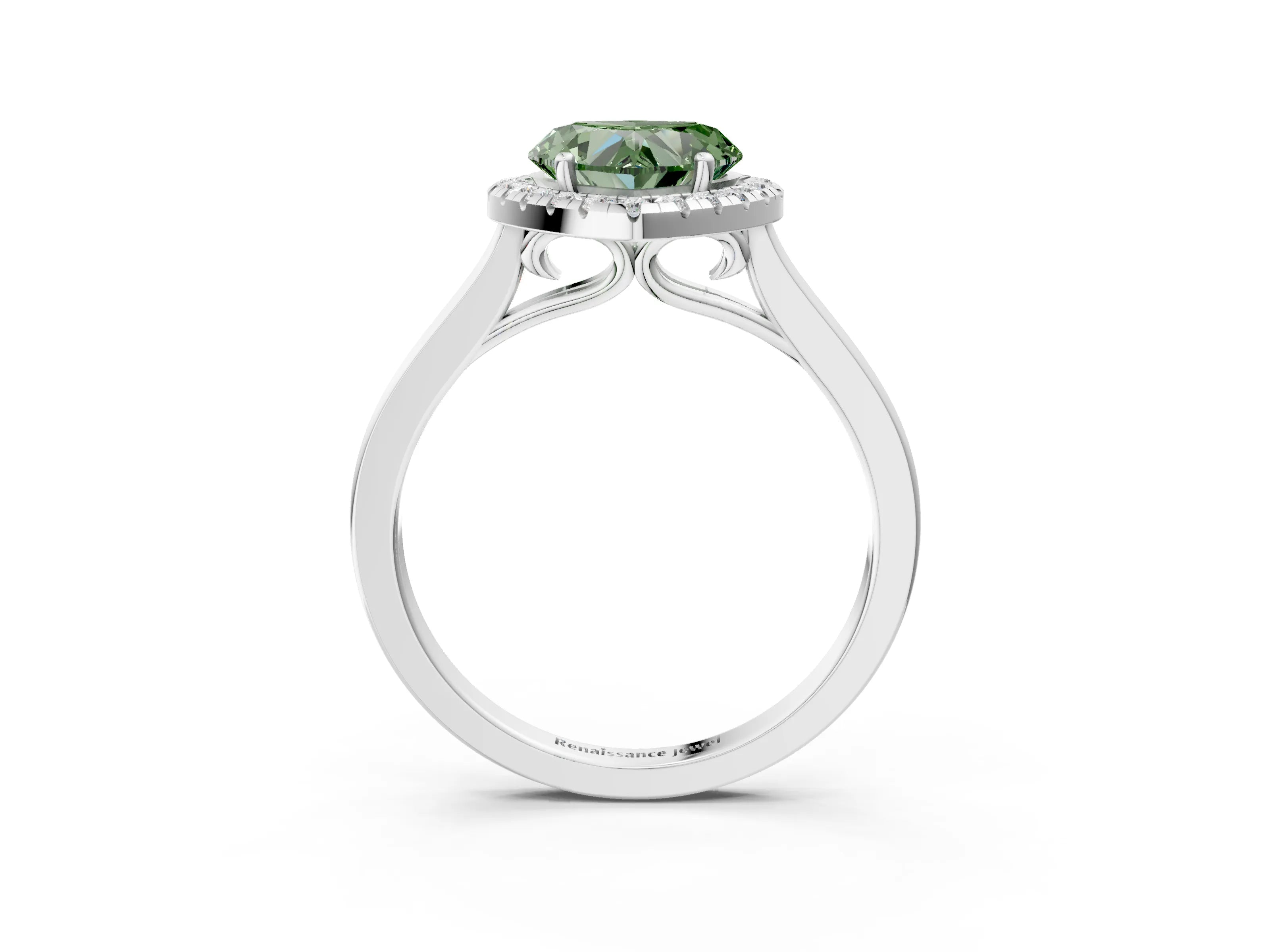 White gold Fancy Green Heart Cut Halo Round Diamond Solitaire Ring with Pavé Band and Four-Prong Setting_15