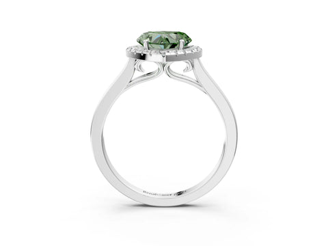 White gold Fancy Green Heart Cut Halo Round Diamond Solitaire Ring with Pavé Band and Four-Prong Setting_15