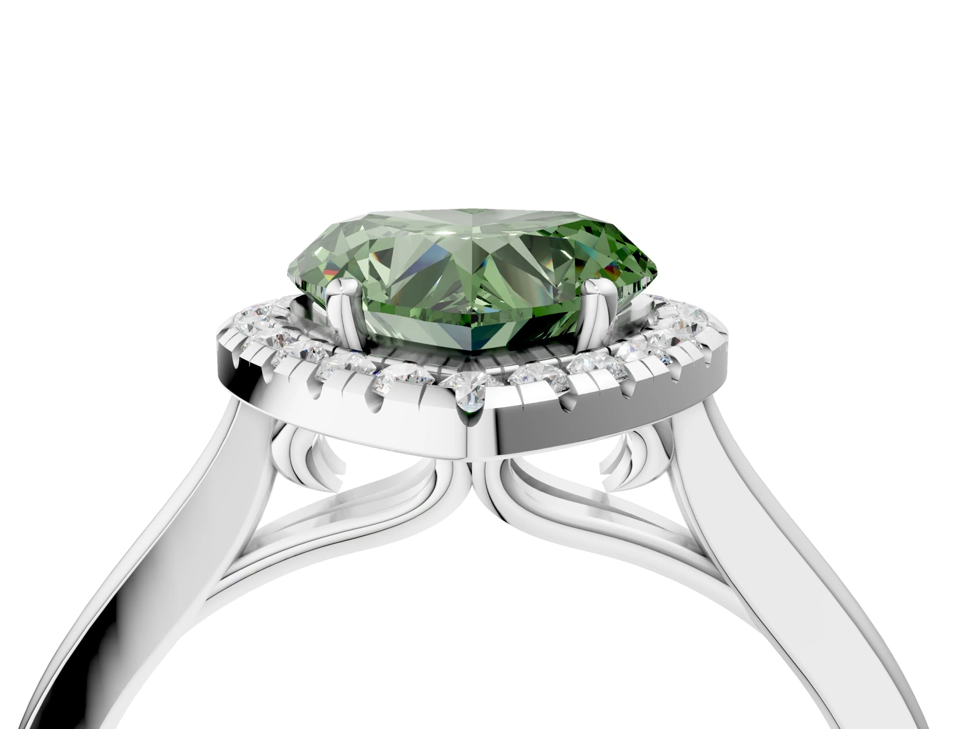 White gold Fancy Green Heart Cut Halo Round Diamond Solitaire Ring with Pavé Band and Four-Prong Setting_16