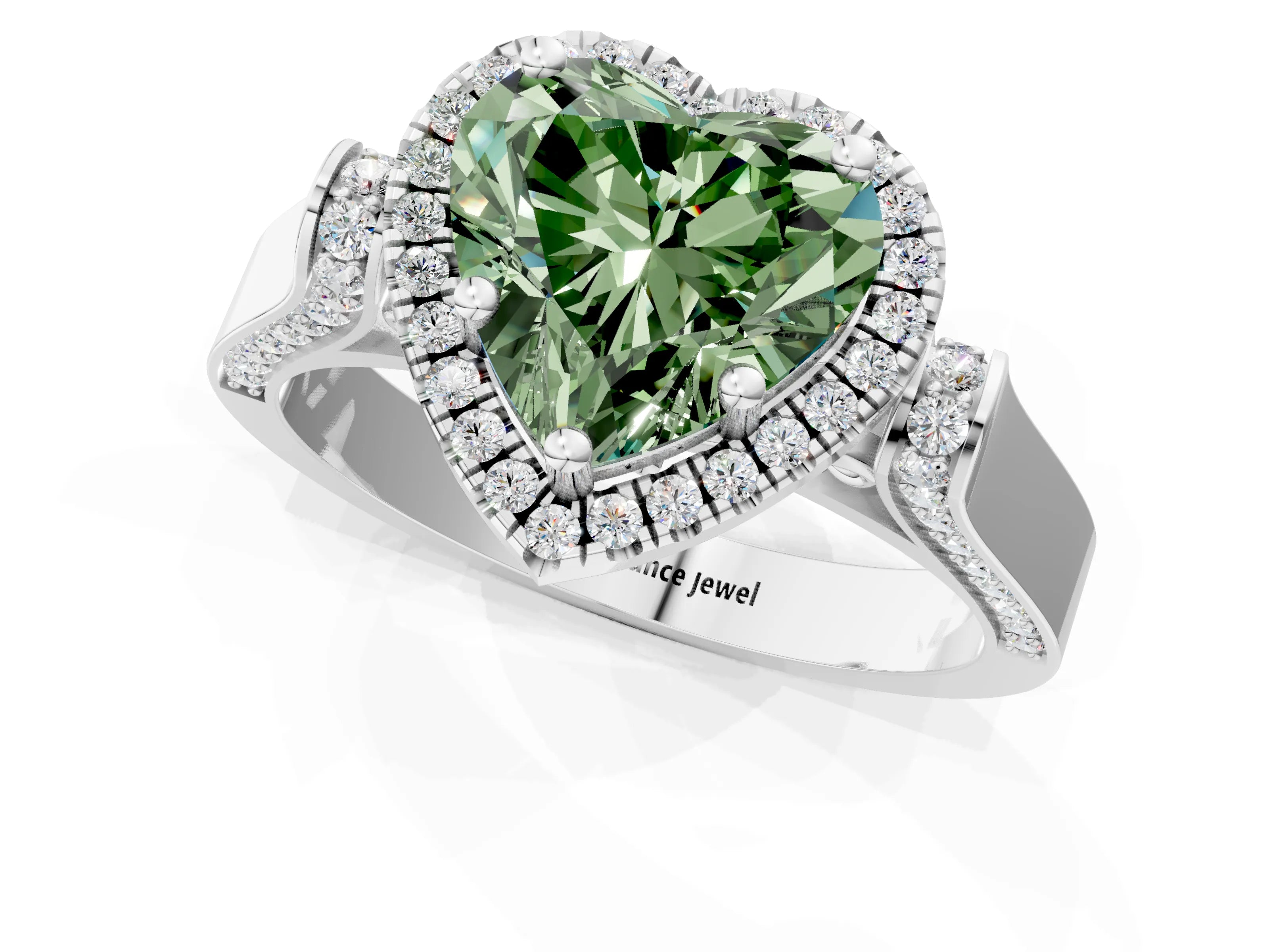 White gold Fancy Green Heart Cut Halo Round Diamond Twist Band with Four-Prong Setting_1