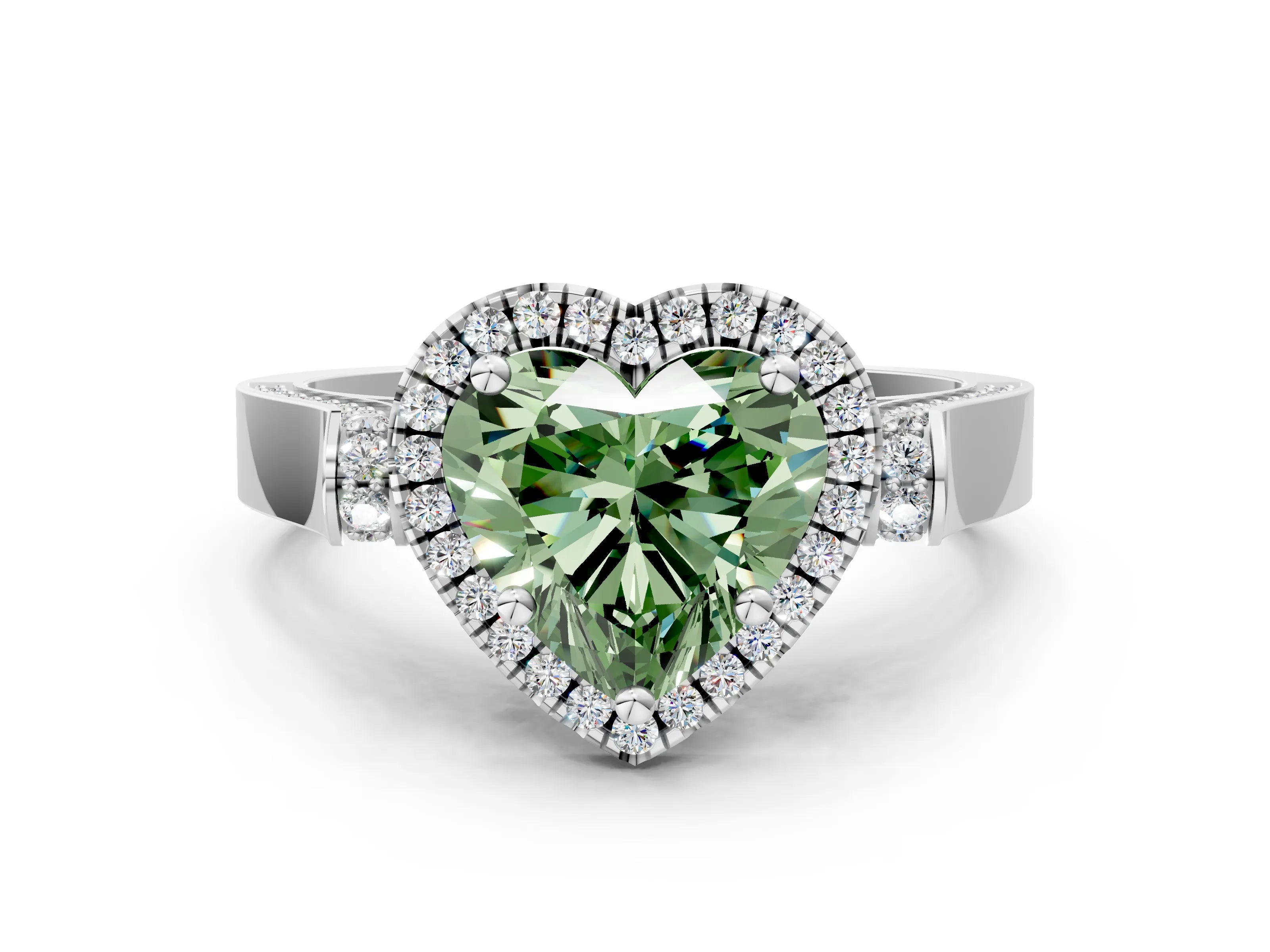 White gold Fancy Green Heart Cut Halo Round Diamond Twist Band with Four-Prong Setting_24