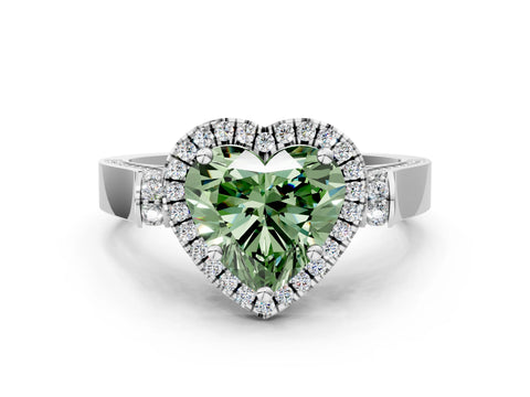 White gold Fancy Green Heart Cut Halo Round Diamond Twist Band with Four-Prong Setting_24