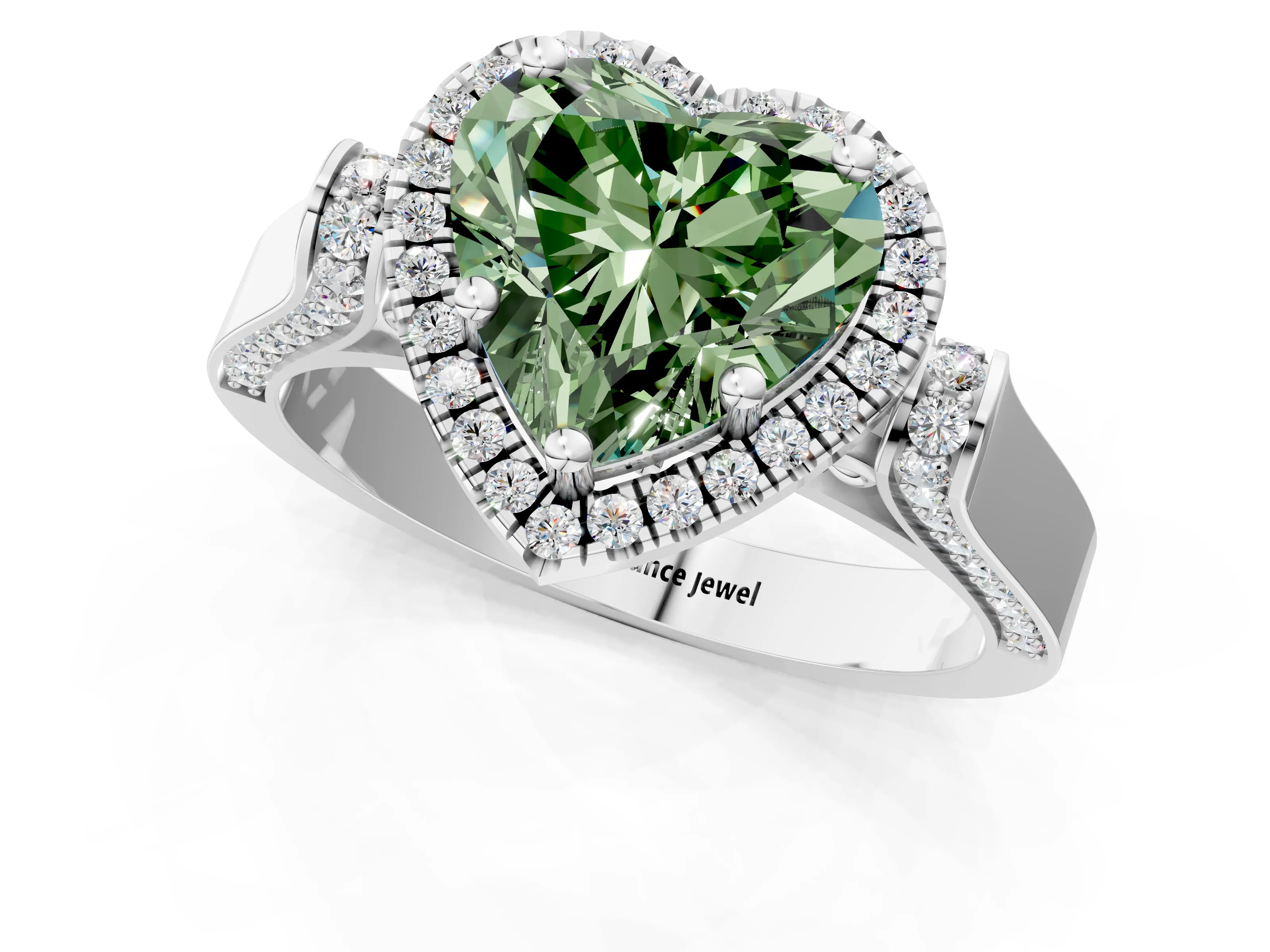 White gold Fancy Green Heart Cut Halo Round Diamond Twist Band with Four-Prong Setting_25