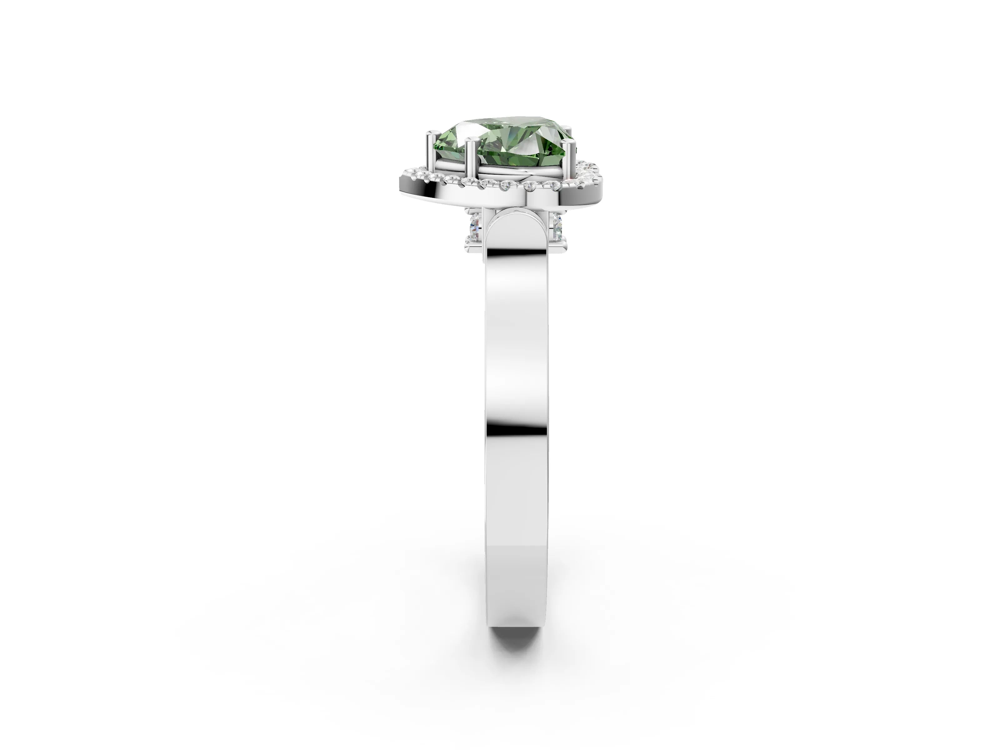 White gold Fancy Green Heart Cut Halo Round Diamond Twist Band with Four-Prong Setting_26