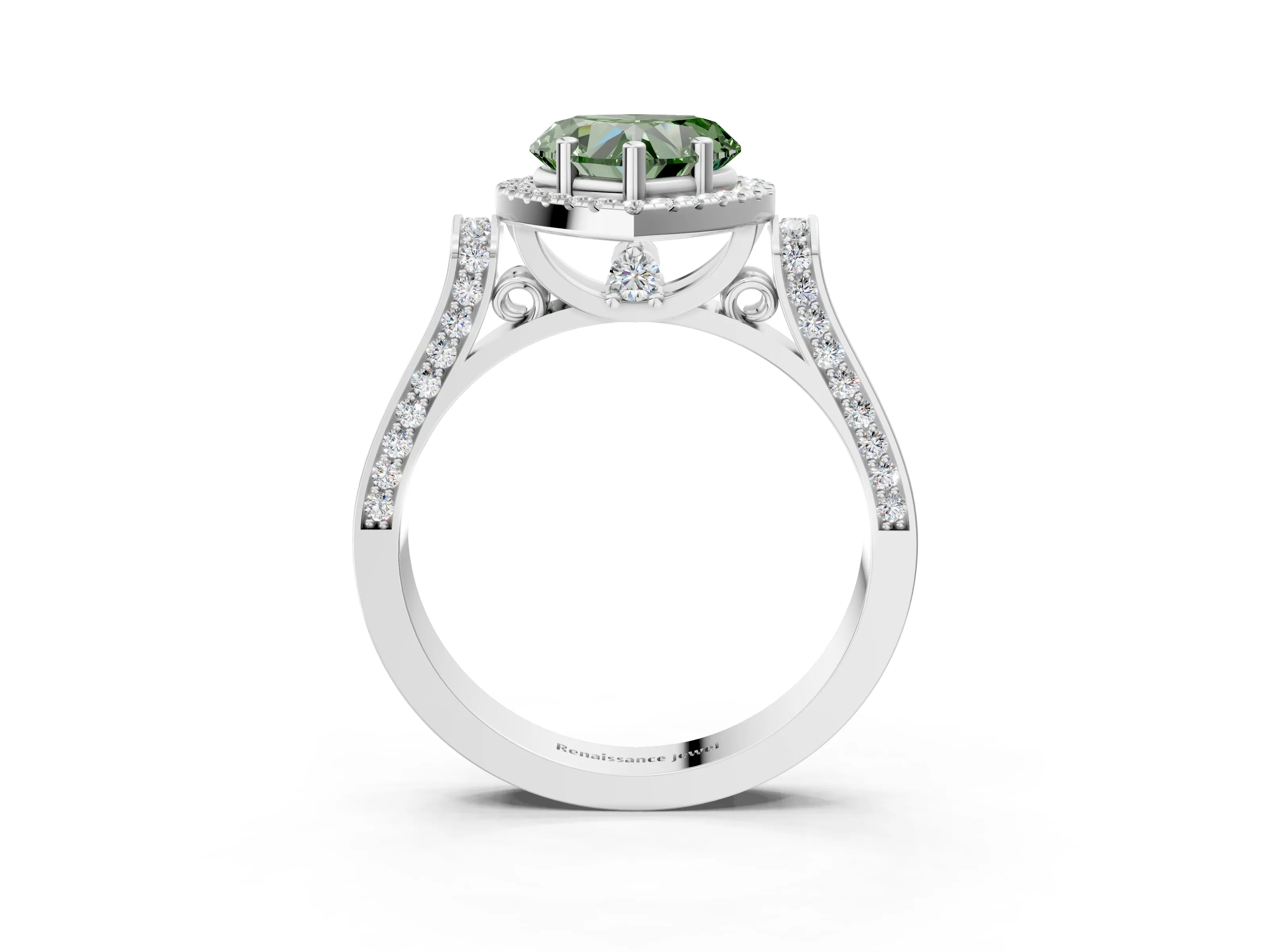 White gold Fancy Green Heart Cut Halo Round Diamond Twist Band with Four-Prong Setting_27