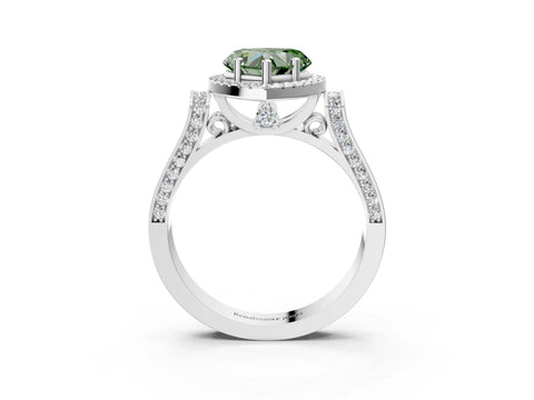 White gold Fancy Green Heart Cut Halo Round Diamond Twist Band with Four-Prong Setting_27