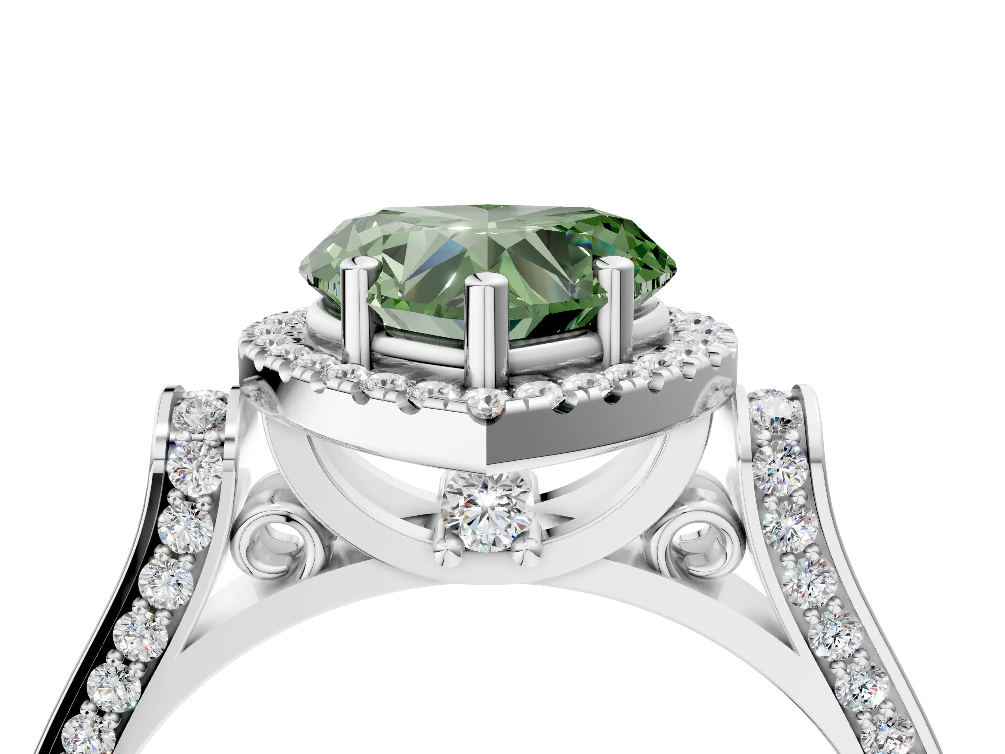 White gold Fancy Green Heart Cut Halo Round Diamond Twist Band with Four-Prong Setting_28