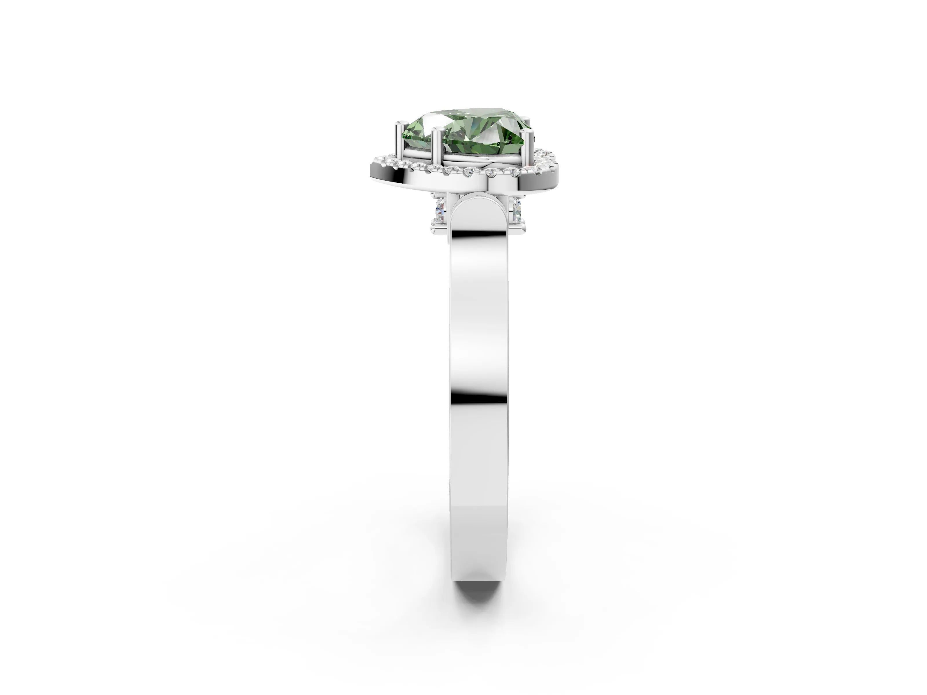 White gold Fancy Green Heart Cut Halo Round Diamond Twist Band with Four-Prong Setting_2