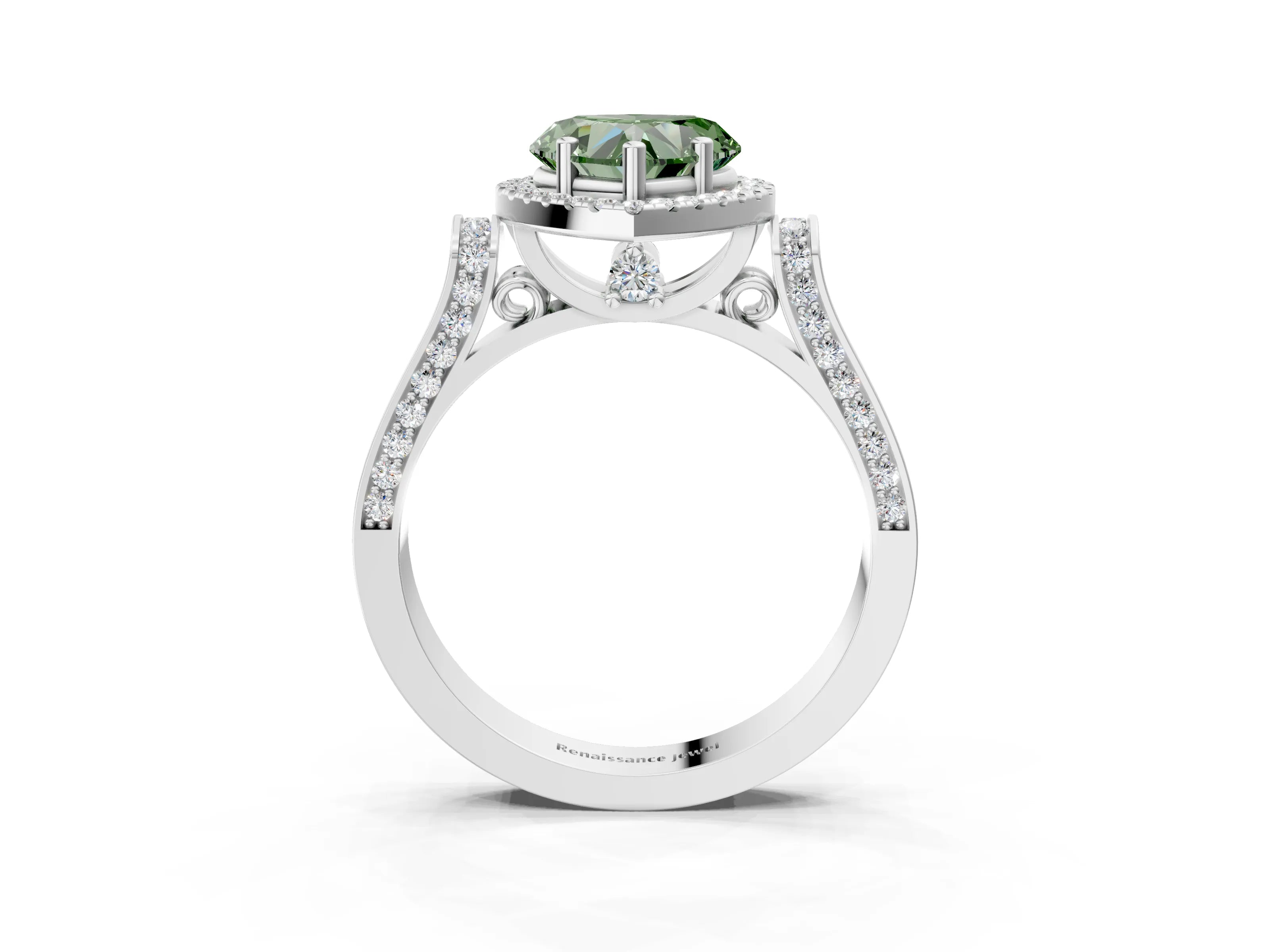 White gold Fancy Green Heart Cut Halo Round Diamond Twist Band with Four-Prong Setting_3