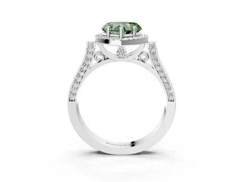White gold Fancy Green Heart Cut Halo Round Diamond Twist Band with Four-Prong Setting_3