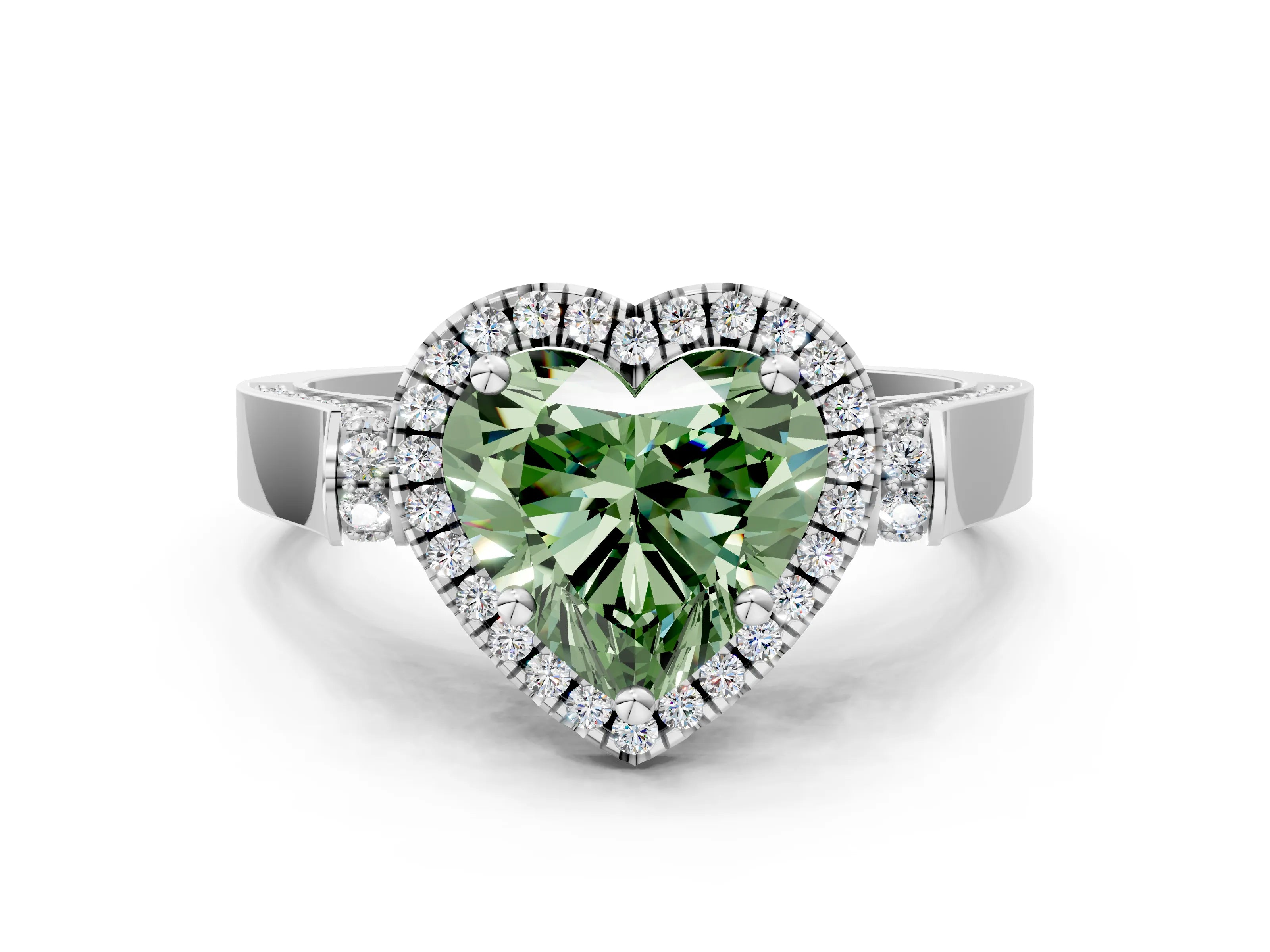 White gold Fancy Green Heart Cut Halo Round Diamond Twist Band with Four-Prong Setting