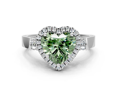 White gold Fancy Green Heart Cut Halo Round Diamond Twist Band with Four-Prong Setting