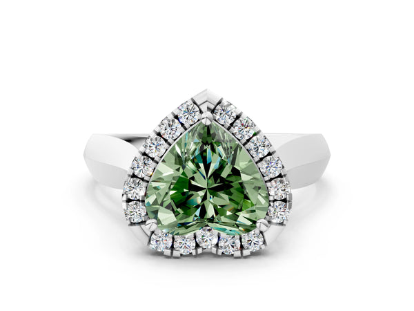Platinum Fancy Green Heart  Cut Halo Solitaire Engagement Ring with Square Band and Four-Prong Setting