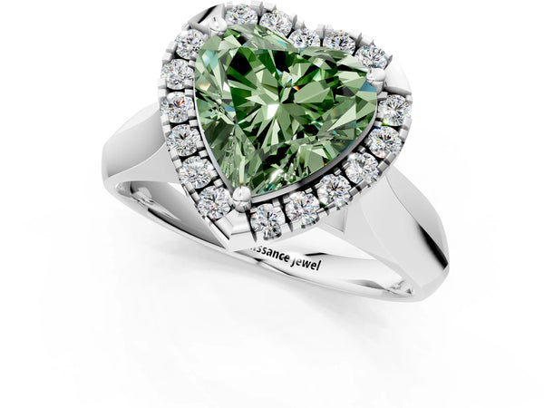 Platinum Fancy Green Heart  Cut Halo Solitaire Engagement Ring with Square Band and Four-Prong Setting
