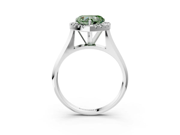 Platinum Fancy Green Heart  Cut Halo Solitaire Engagement Ring with Square Band and Four-Prong Setting
