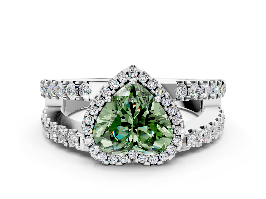 White gold Fancy Green Heart  Cut Halo Split Shank Diamond Ring with Four-Prong Setting