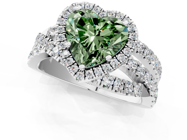 White gold Fancy Green Heart  Cut Halo Split Shank Prong Setting Ring