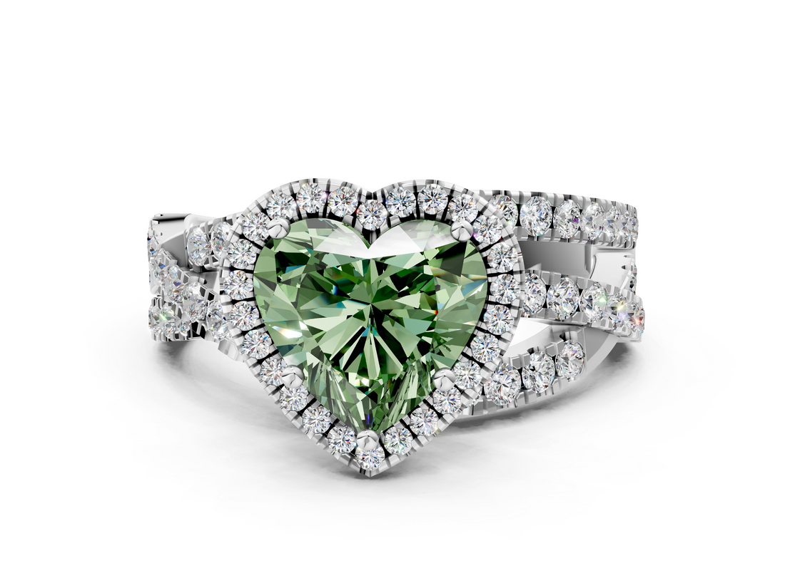 White gold Fancy Green Heart  Cut Halo Split Shank Prong Setting Ring