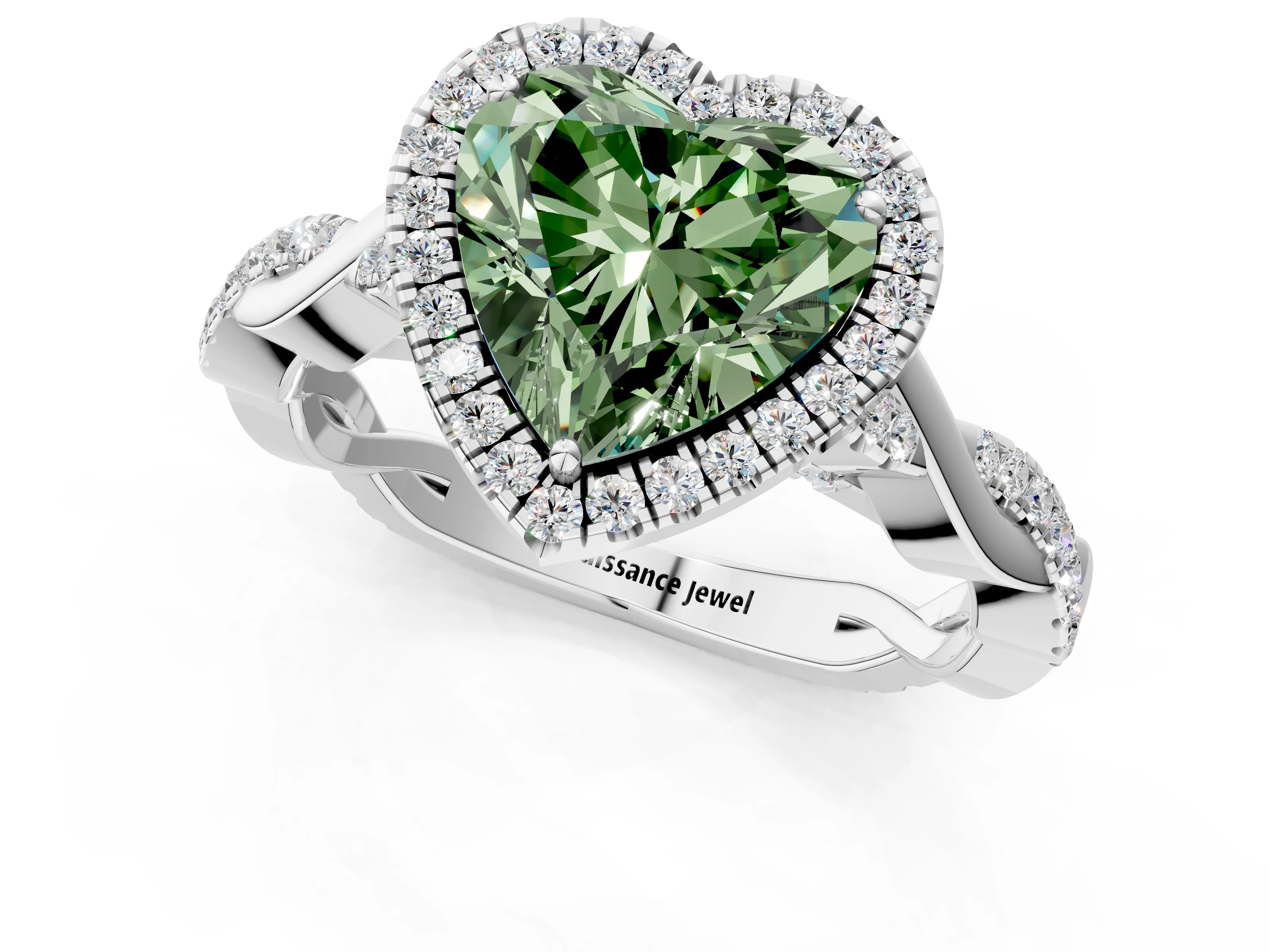 White gold Fancy Green Heart Cut Halo Twist Band with Four-Prong Setting_1