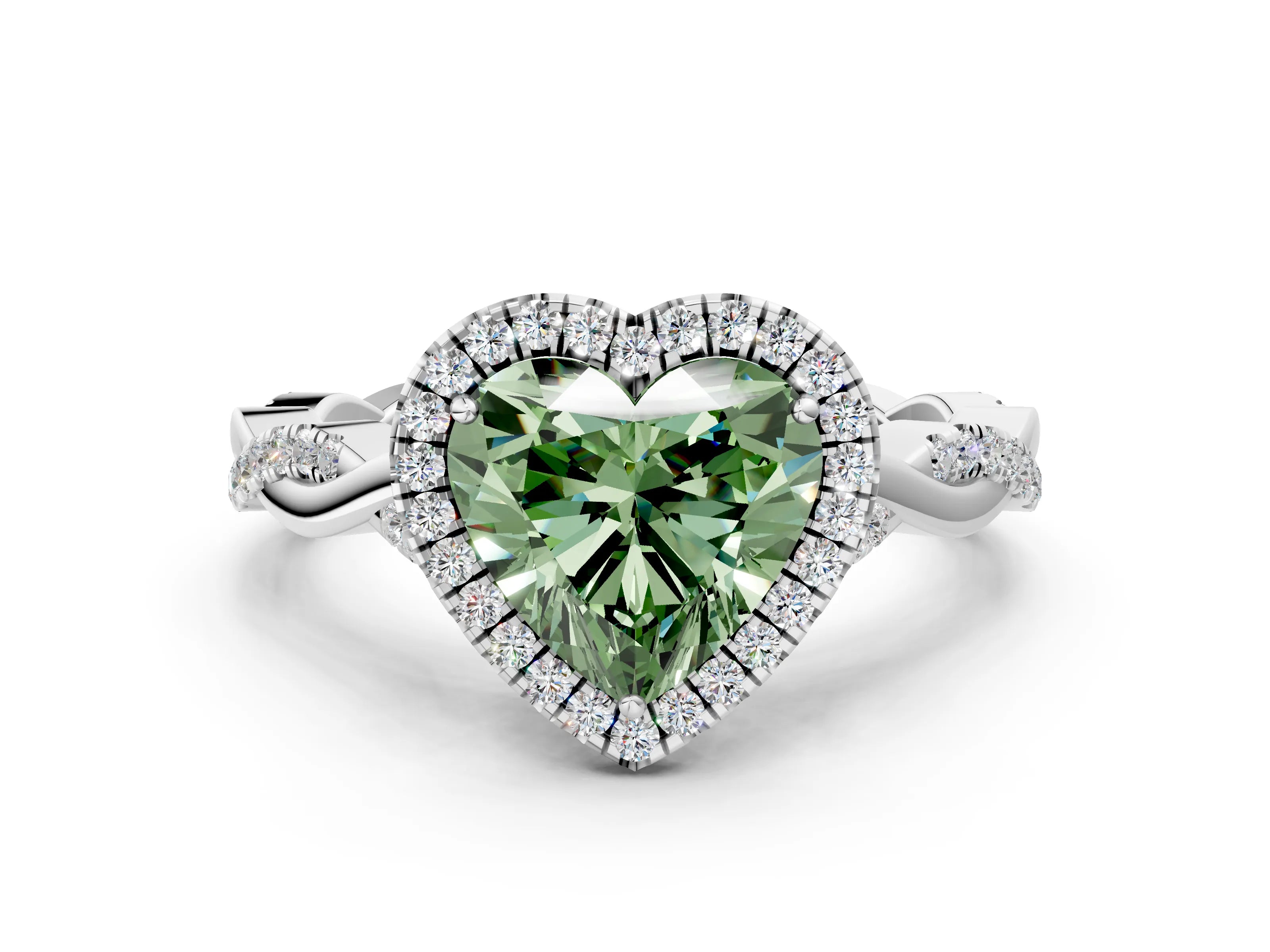 White gold Fancy Green Heart Cut Halo Twist Band with Four-Prong Setting